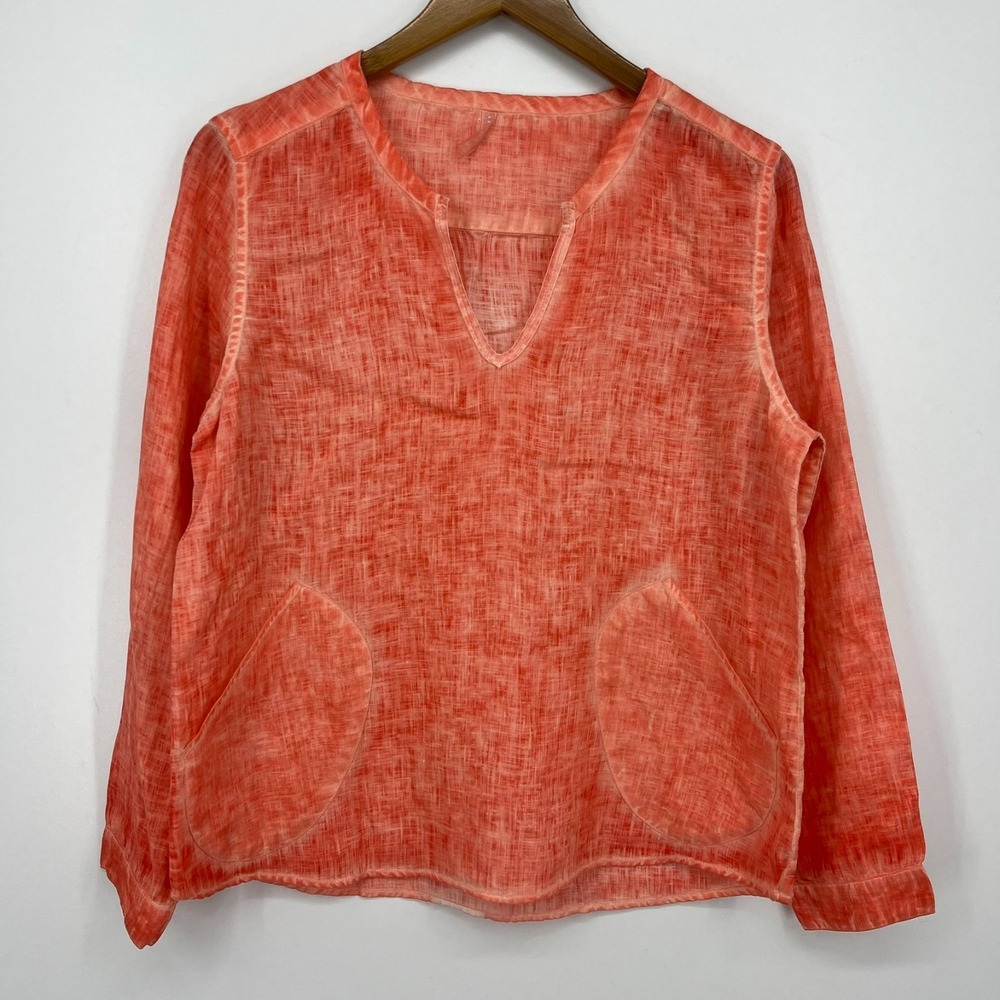 Eze sur‎ Mer Blouse Women's Size L Orange Tunic V-Neck Linen Blend Anthropologie